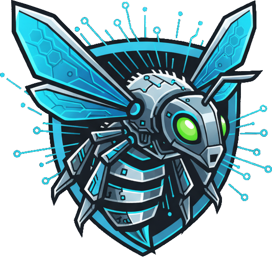 Logo von Bee Soft: eine Roboter-Biene auf einem Wappen